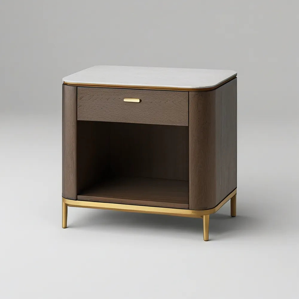 Noční stolek z MDF v dekoru ořechu s bílou deskou, 1 zásuvkou a otevřeným úložným prostorem, 50 × 40 × 55 cm