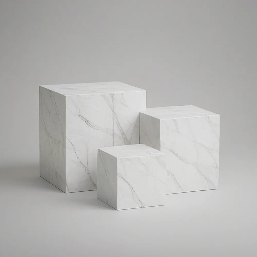 Sada 3 čtvercových odkládacích stolků z MDF s PVC fólií, bílý mramorový dekor, 50 × 50 × 50 cm, 40 × 40 × 40 cm a 25 × 25 × 25 cm