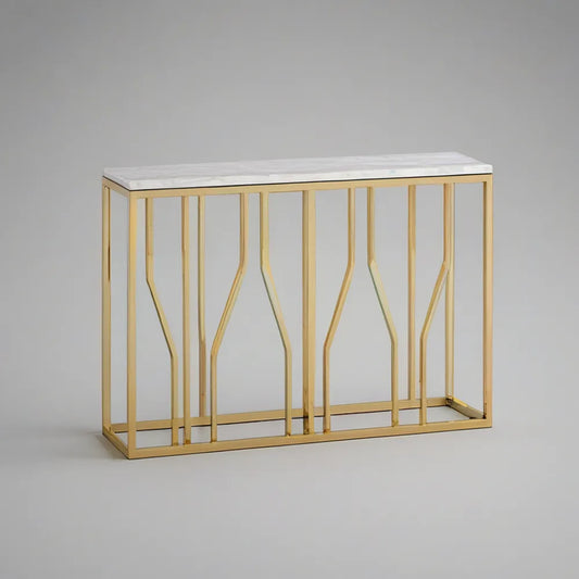 Obdélníkový konzolový stolek s deskou v dekoru bílého mramoru a zlatou ocelovou konstrukcí, 100 × 30 × 80 cm
